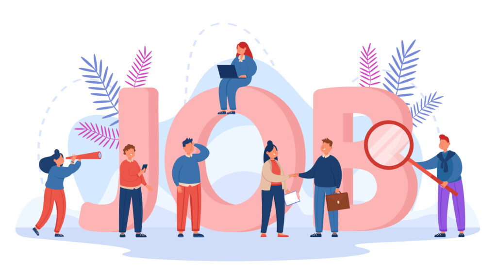 Kleine Menschen bei der Suche nach Arbeit